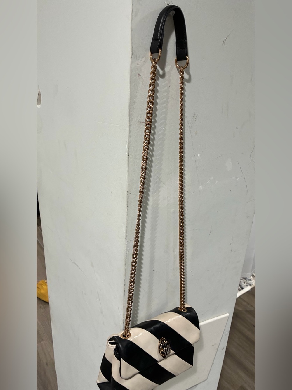Kurt Geiger Black and Cream Diagonal Stripe Chain Strap Crossbody